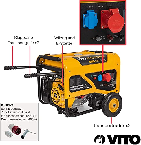 VITO Pro-Power AVR Benzin Stromerzeuger 3-Phasen 400V 16A - 8kVA Generator 15PS 6500W mit E-Starter, luftgekühlt, Ölmangelsicherung, Überlastschalter, Profi 4Takt Generator Notstromaggregat - 2
