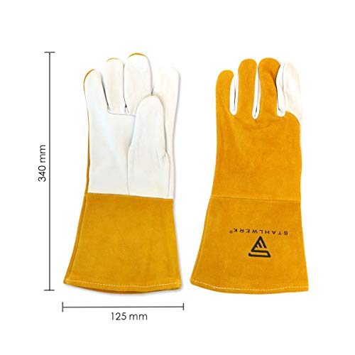 STAHLWERK Schweißerhandschuhe Schutzhandschuhe Arbeitshandschuhe robustes Echtleder hitze- und feuerbeständig, weiß gelb, geeignet für WIG TIG MIG MAG MMA Plasma - 2