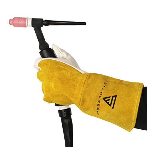 STAHLWERK Schweißerhandschuhe Schutzhandschuhe Arbeitshandschuhe robustes Echtleder hitze- und feuerbeständig, weiß gelb, geeignet für WIG TIG MIG MAG MMA Plasma - 3